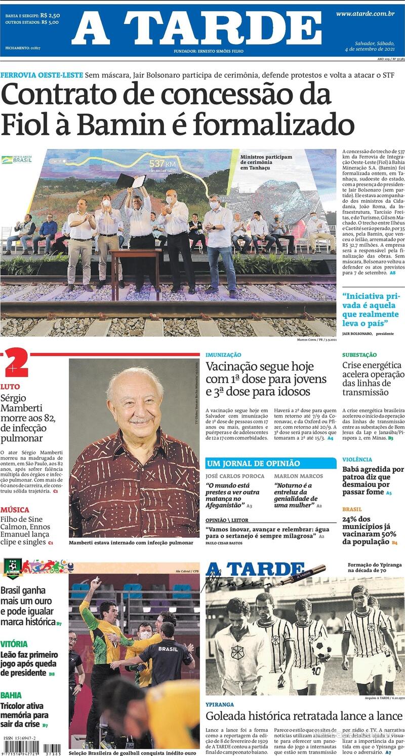 Capa do jornal A Tarde 04/09/2021