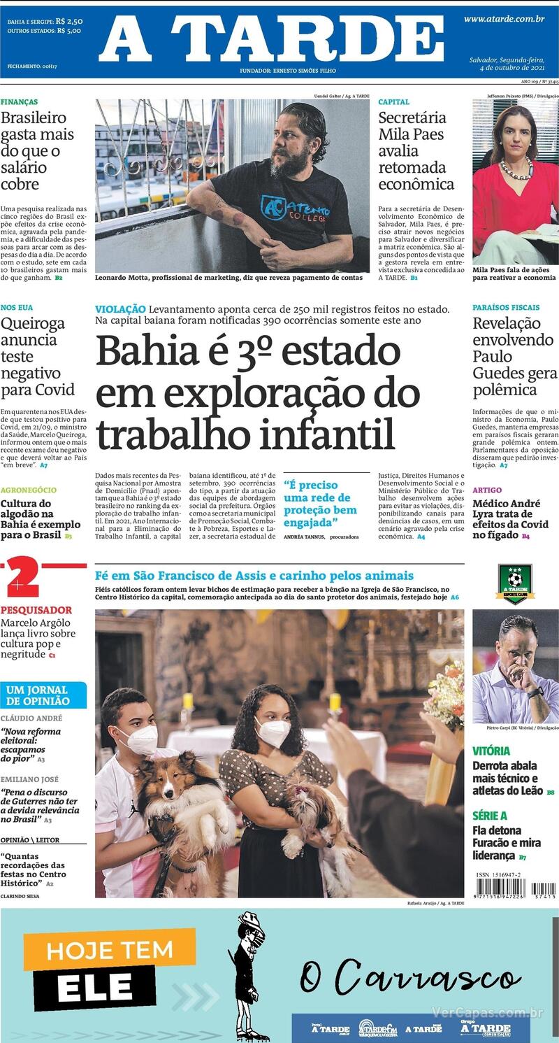 Capa do jornal A Tarde 04/10/2021