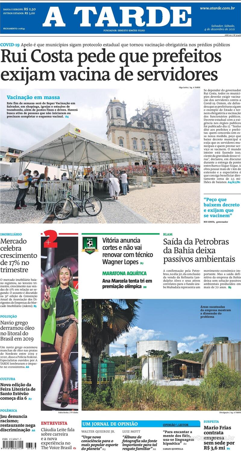 Capa do jornal A Tarde 04/12/2021