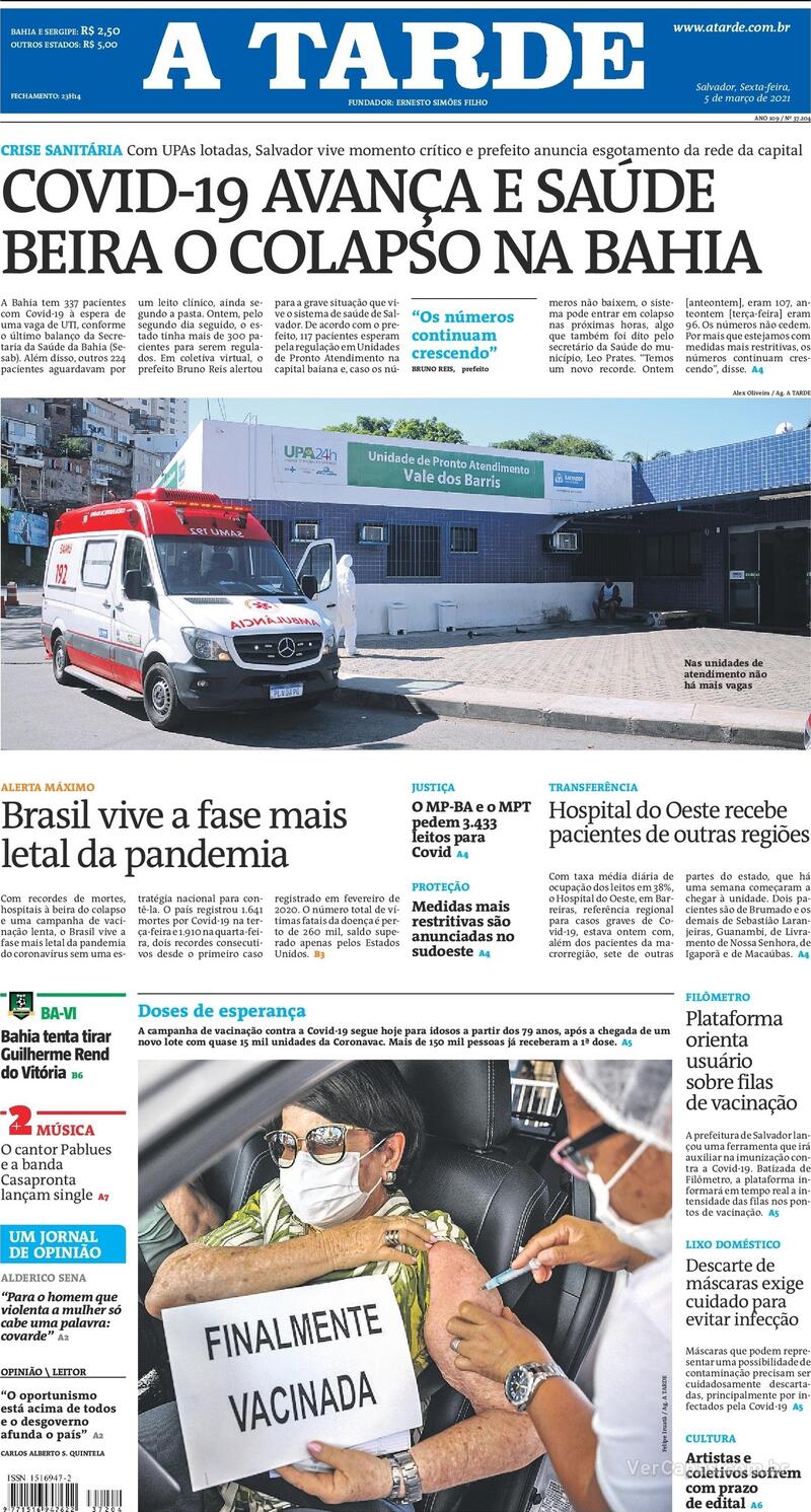 Capa do jornal A Tarde 05/03/2021