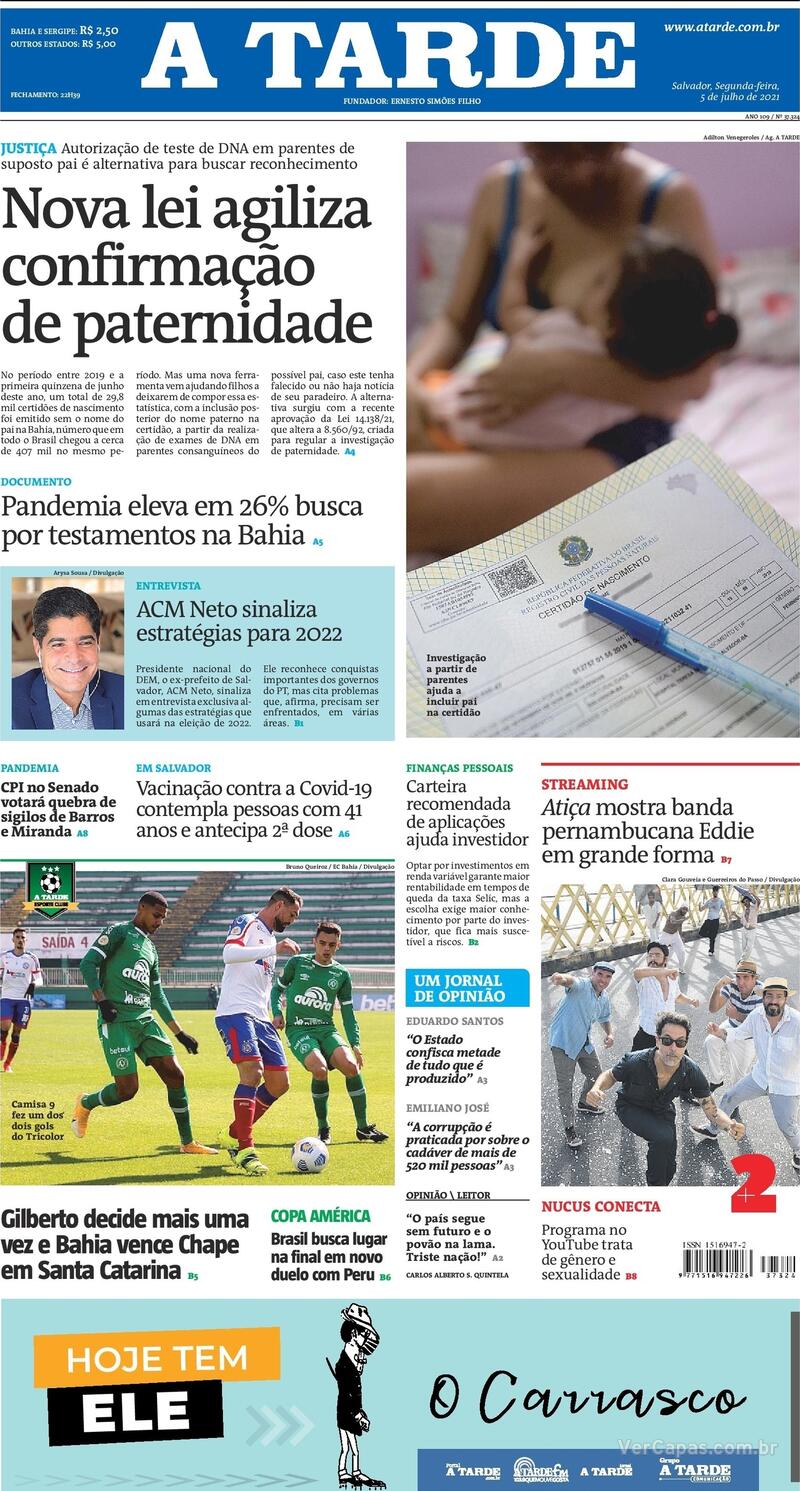Capa do jornal A Tarde 05/07/2021
