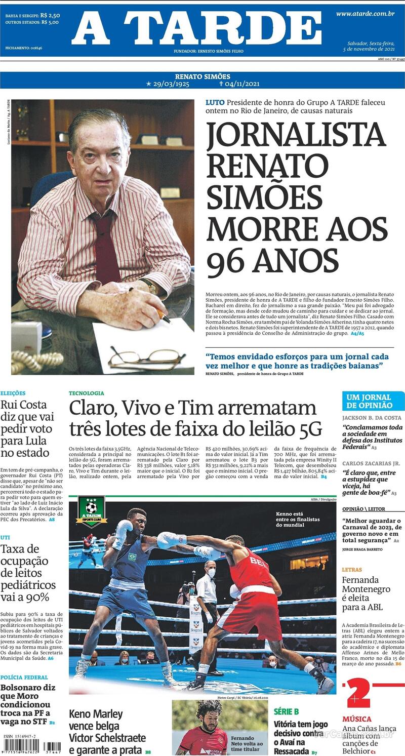 Capa do jornal A Tarde 05/11/2021