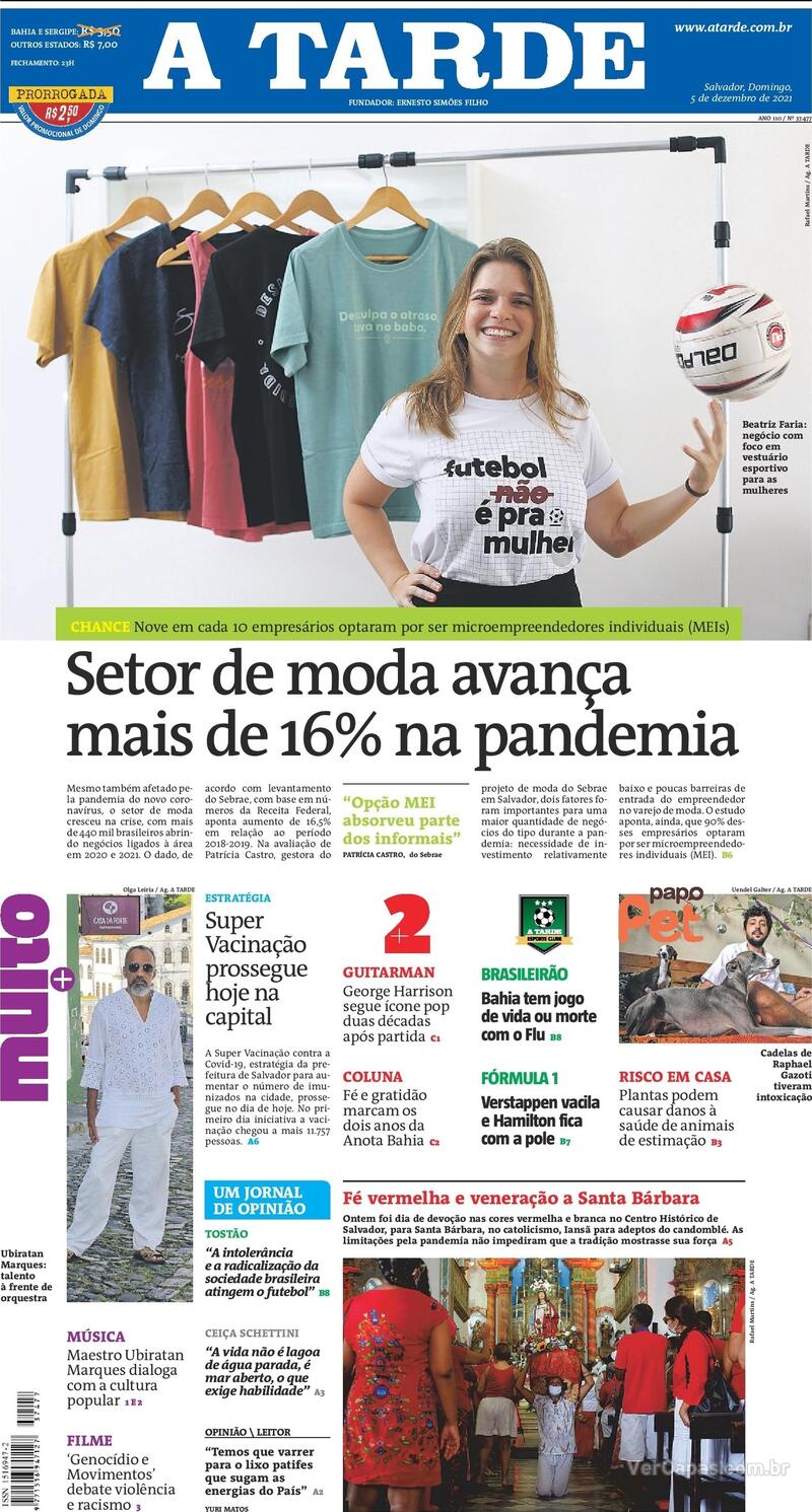 Capa do jornal A Tarde 05/12/2021
