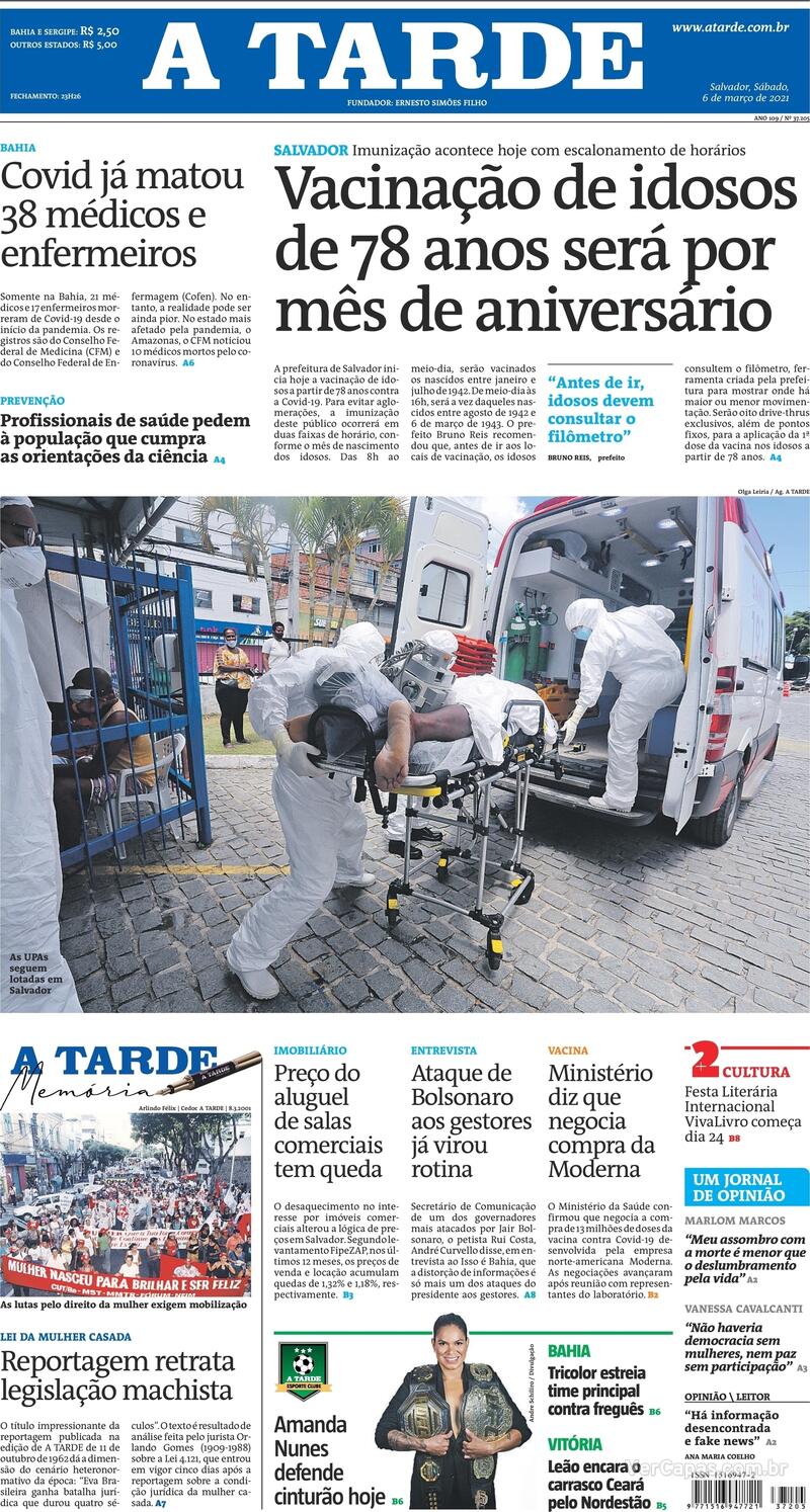 Capa do jornal A Tarde 06/03/2021