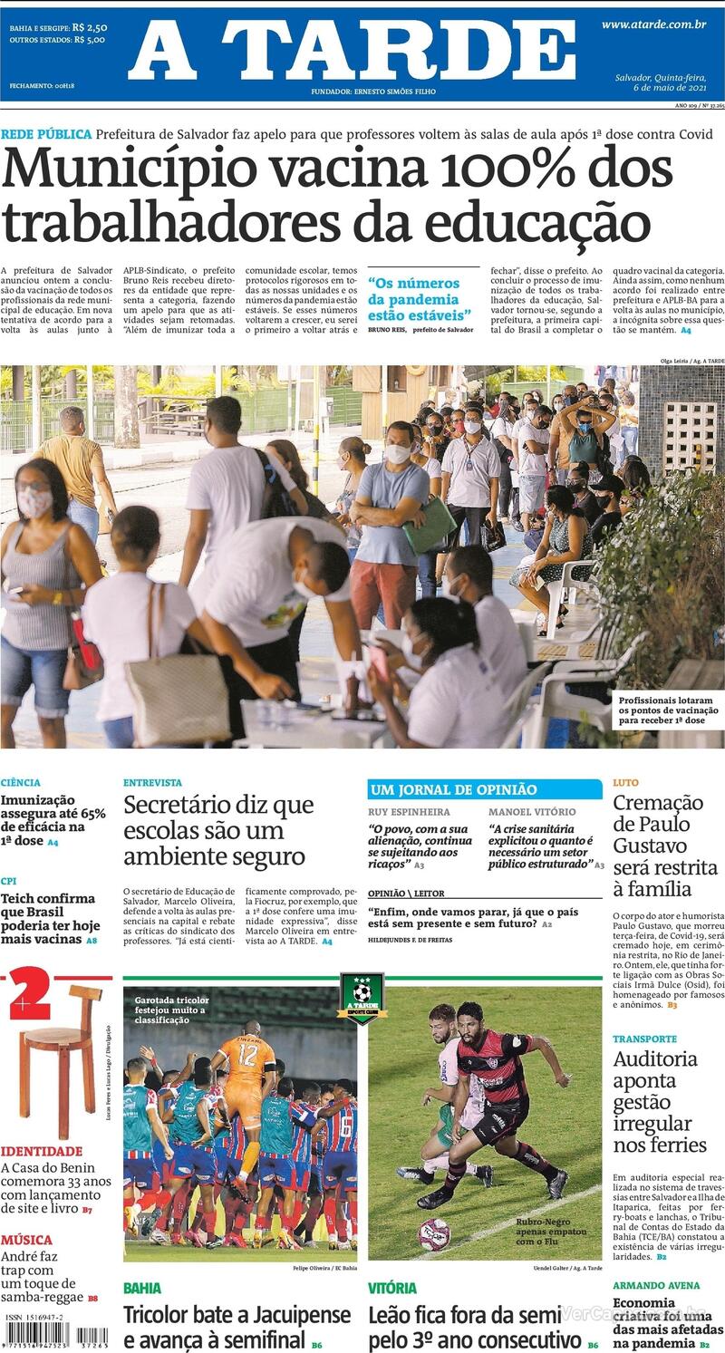 Capa do jornal A Tarde 06/05/2021