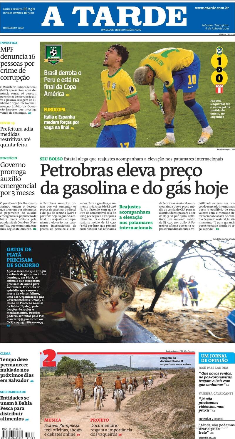 Capa do jornal A Tarde 06/07/2021