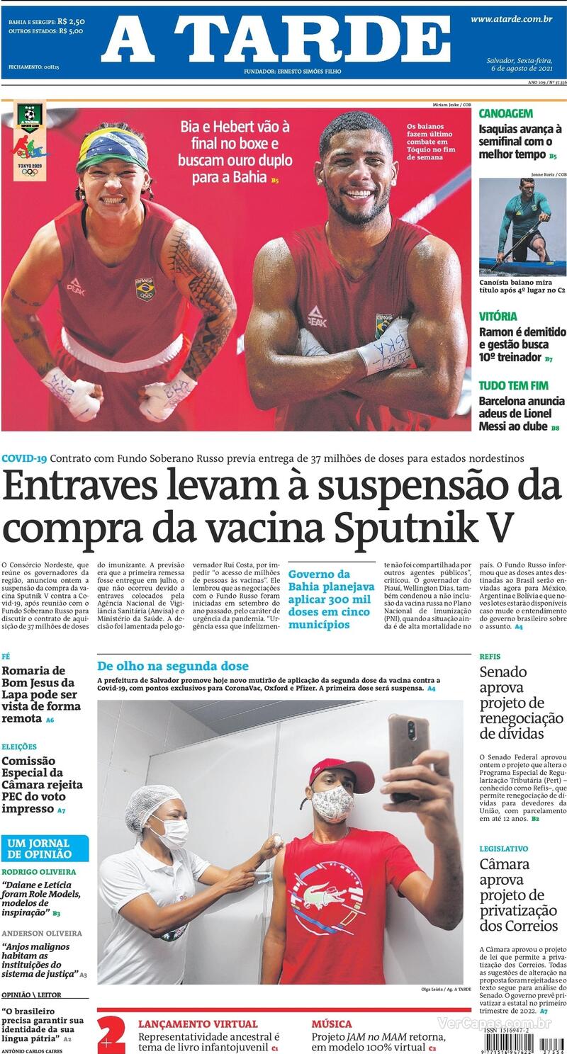 Capa do jornal A Tarde 06/08/2021
