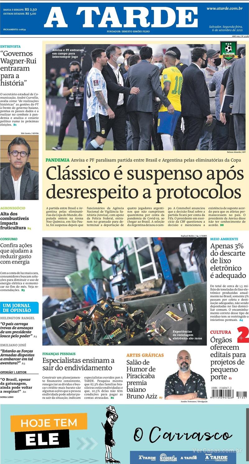 Capa do jornal A Tarde 06/09/2021