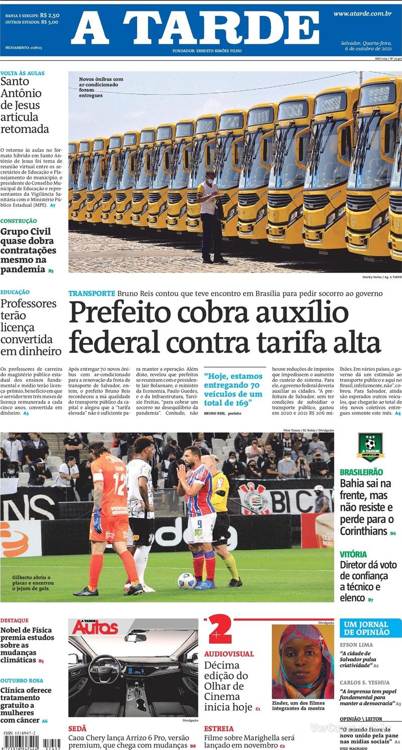 Capa do jornal A Tarde 06/10/2021