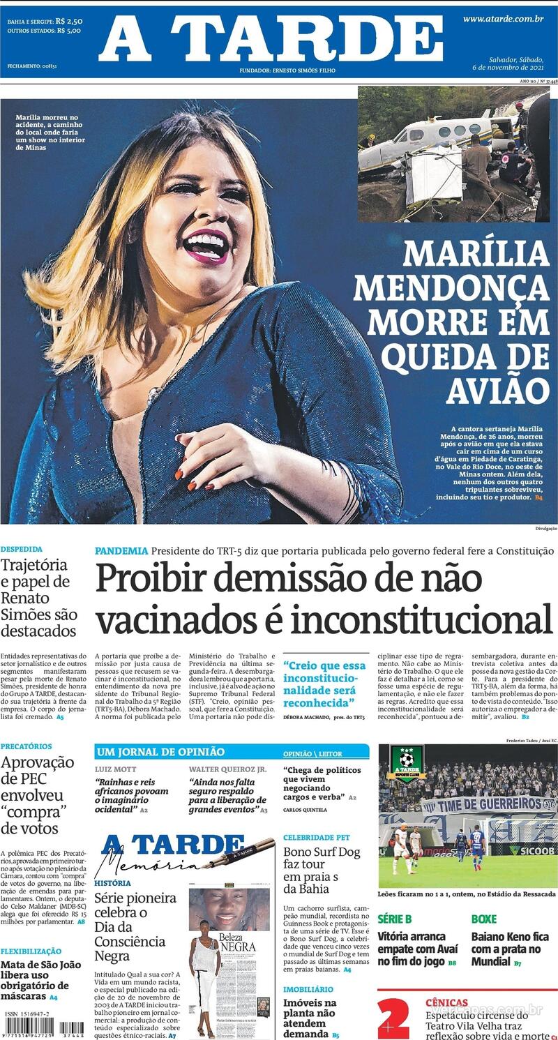 Capa do jornal A Tarde 06/11/2021
