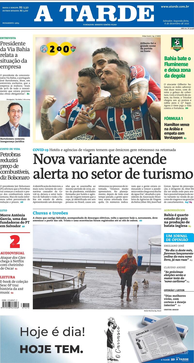 Capa do jornal A Tarde 06/12/2021