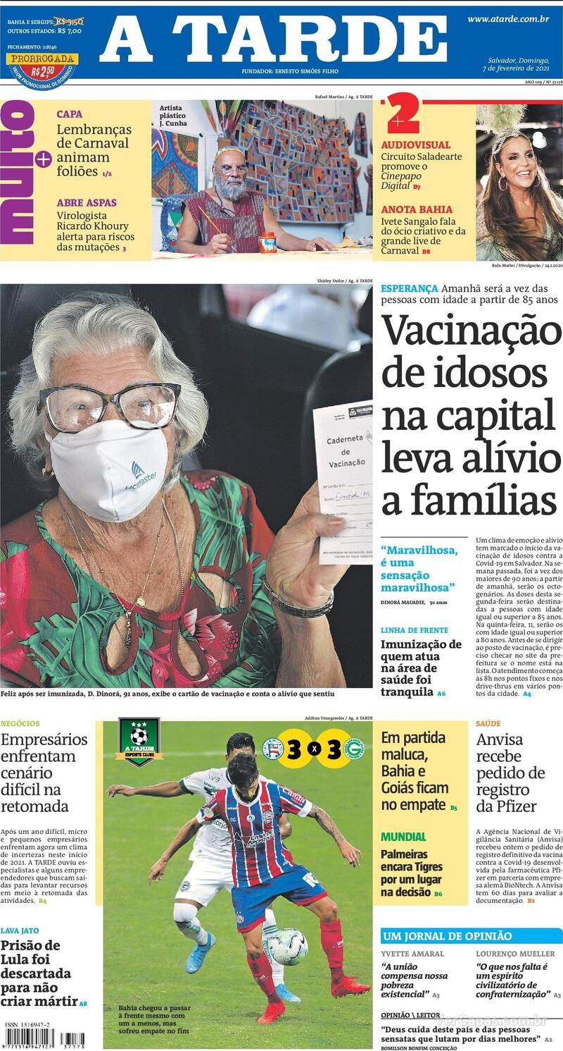 Capa do jornal A Tarde 07/02/2021