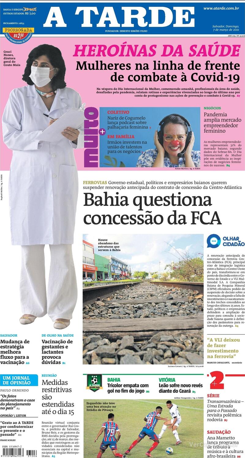Capa do jornal A Tarde 07/03/2021