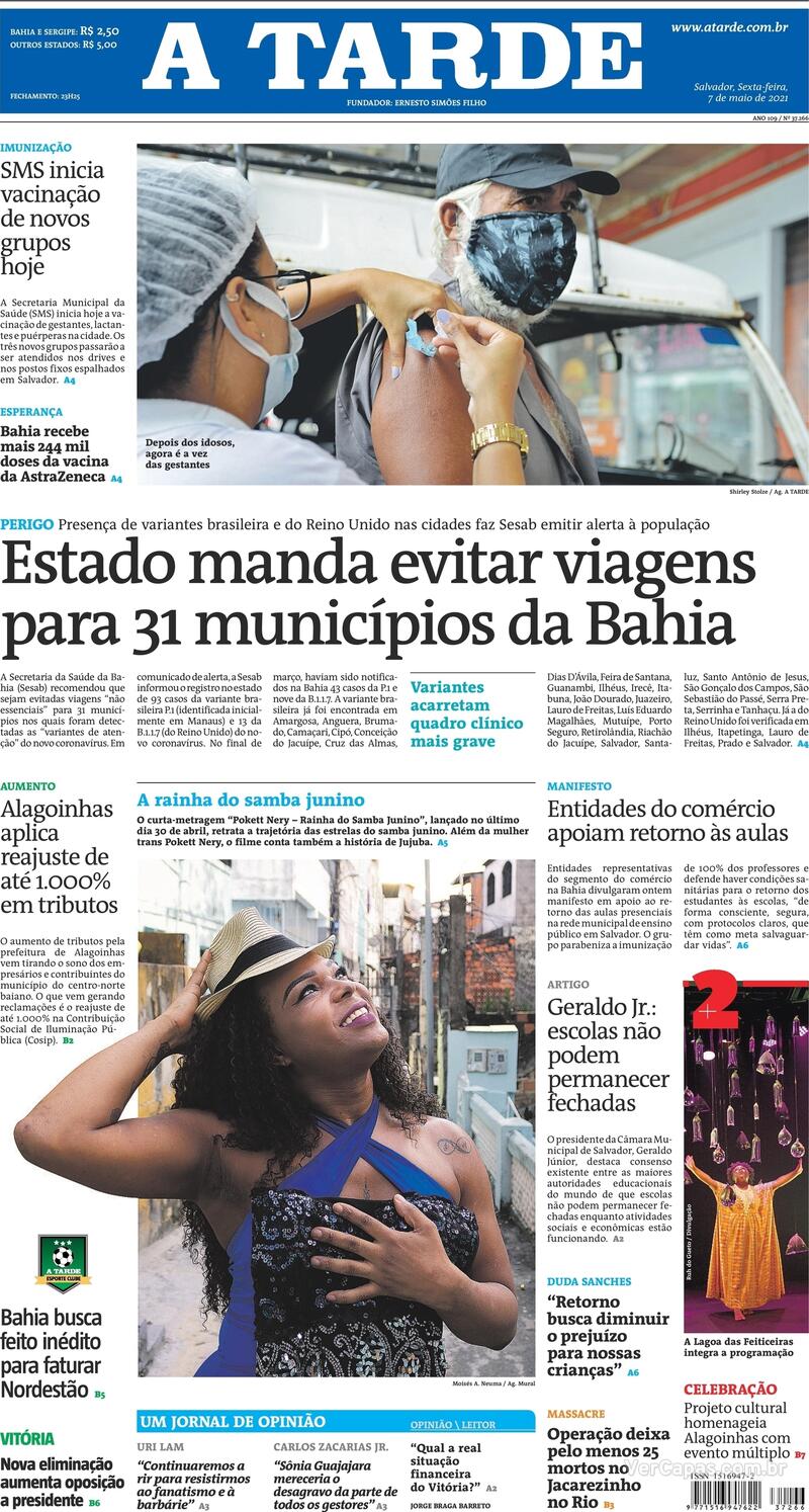 Capa do jornal A Tarde 07/05/2021