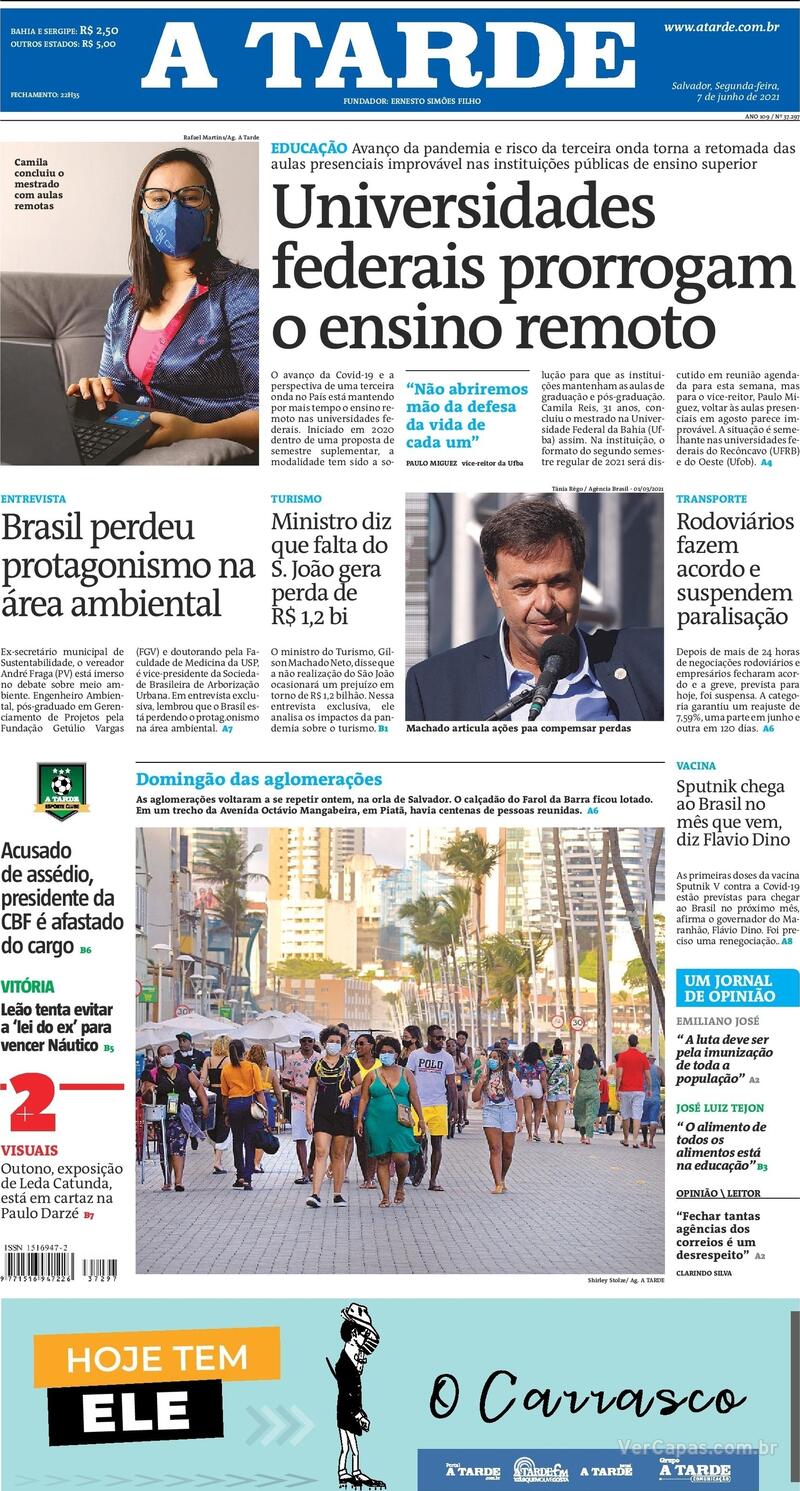 Capa do jornal A Tarde 07/06/2021