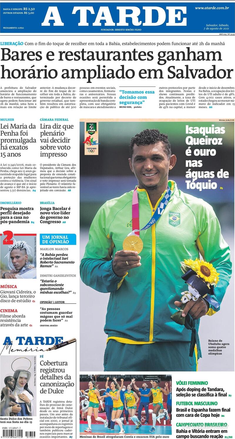 Capa do jornal A Tarde 07/08/2021