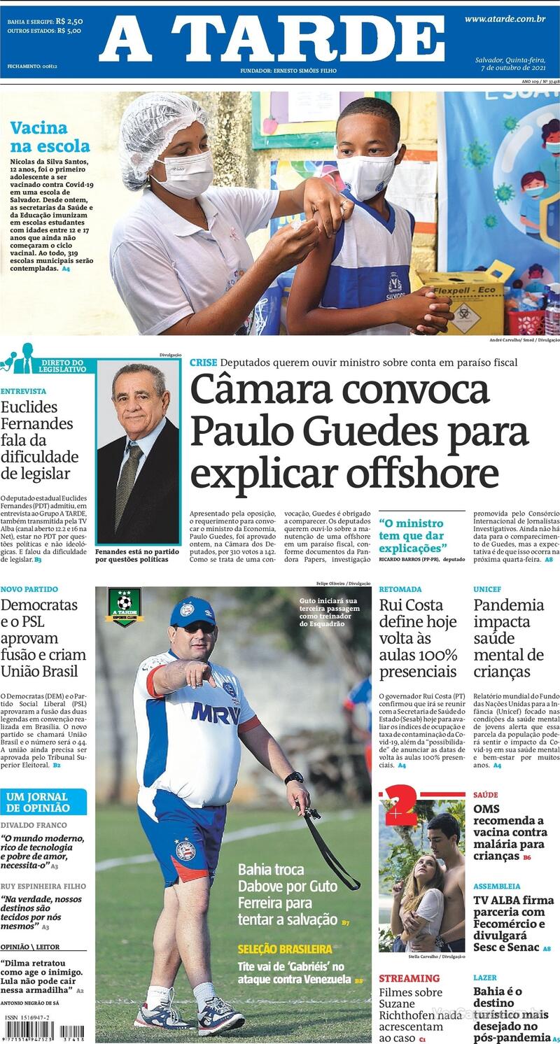 Capa do jornal A Tarde 07/10/2021
