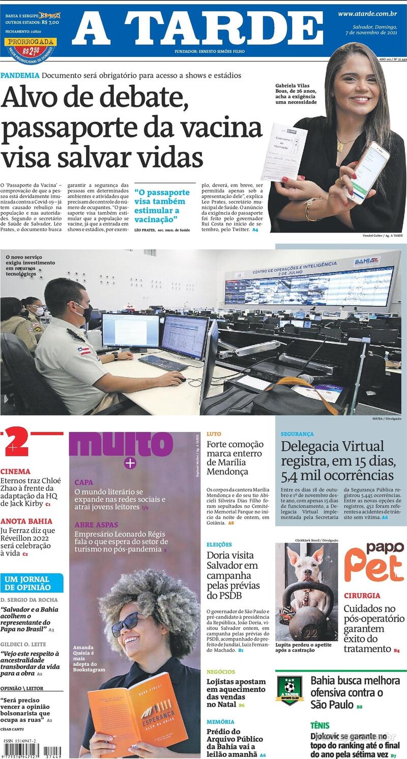 Capa do jornal A Tarde 07/11/2021