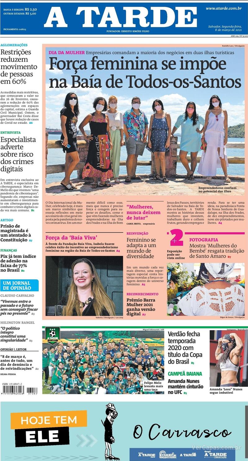 Capa do jornal A Tarde 08/03/2021