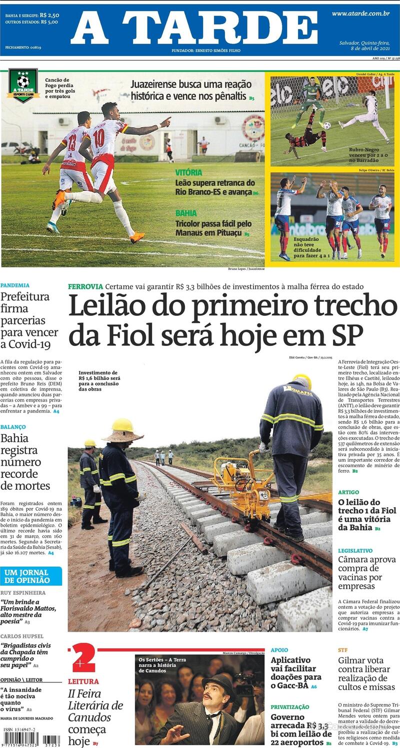 Capa do jornal A Tarde 08/04/2021