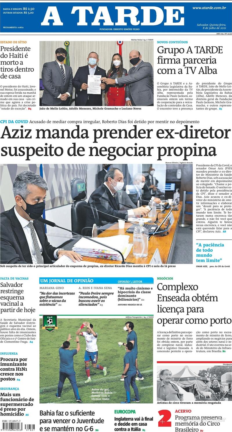 Capa do jornal A Tarde 08/07/2021