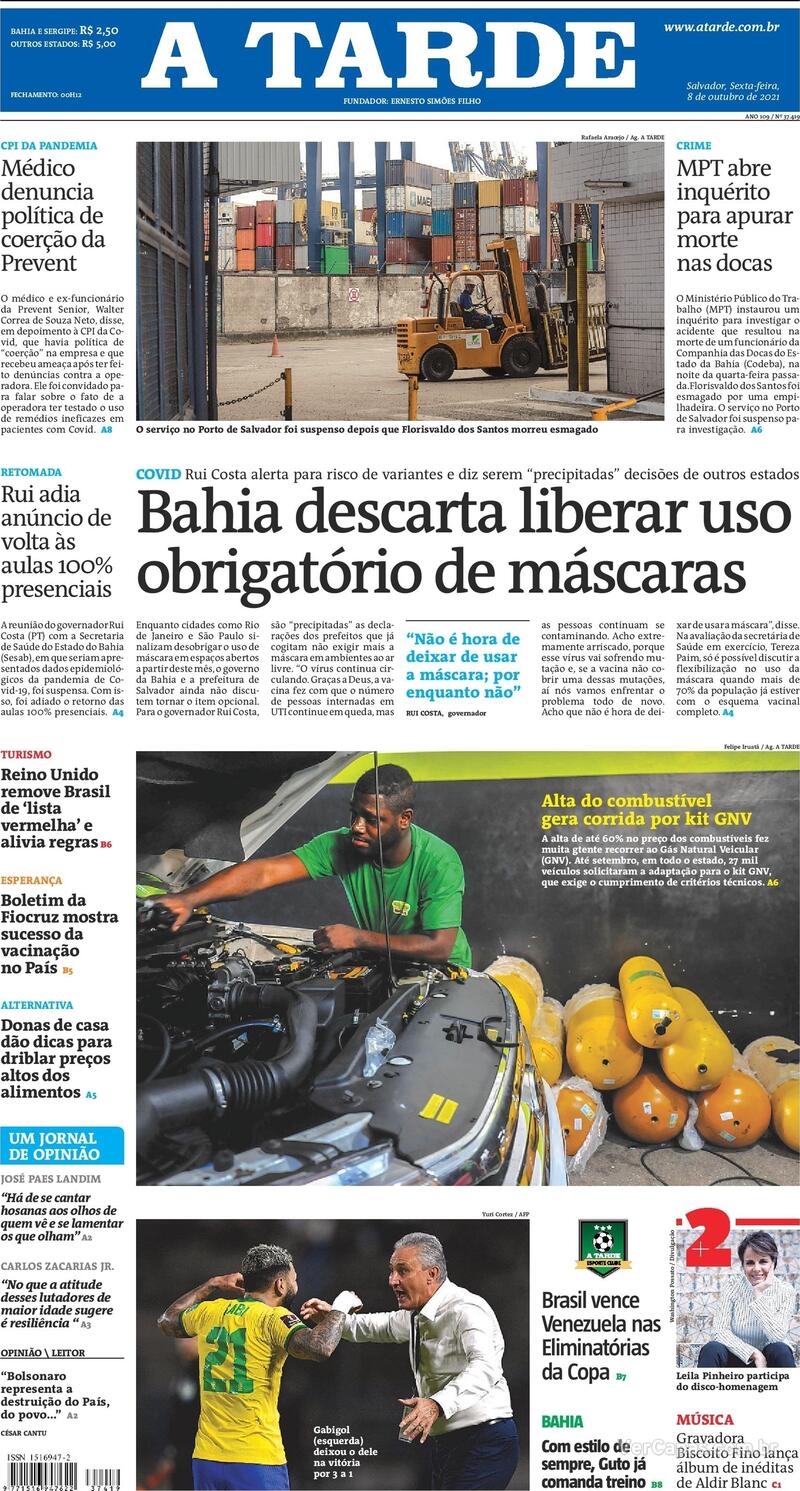 Capa do jornal A Tarde 08/10/2021