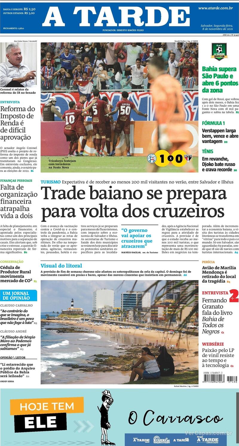 Capa do jornal A Tarde 08/11/2021