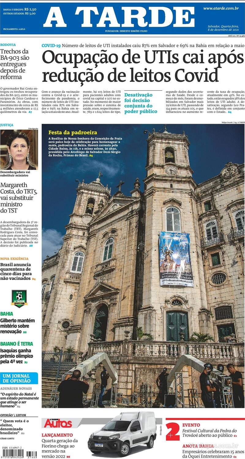 Capa do jornal A Tarde 08/12/2021