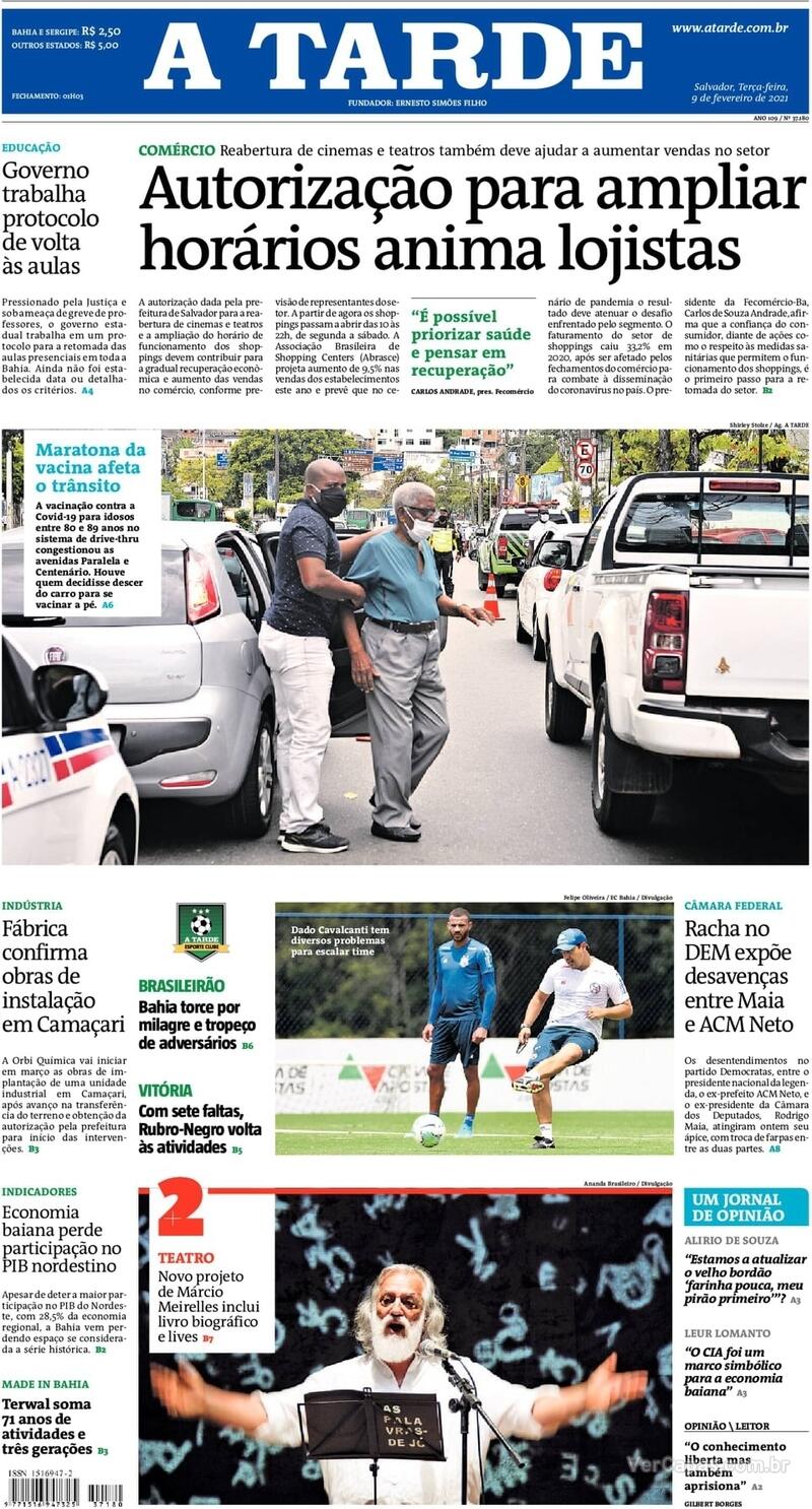 Capa do jornal A Tarde 09/02/2021