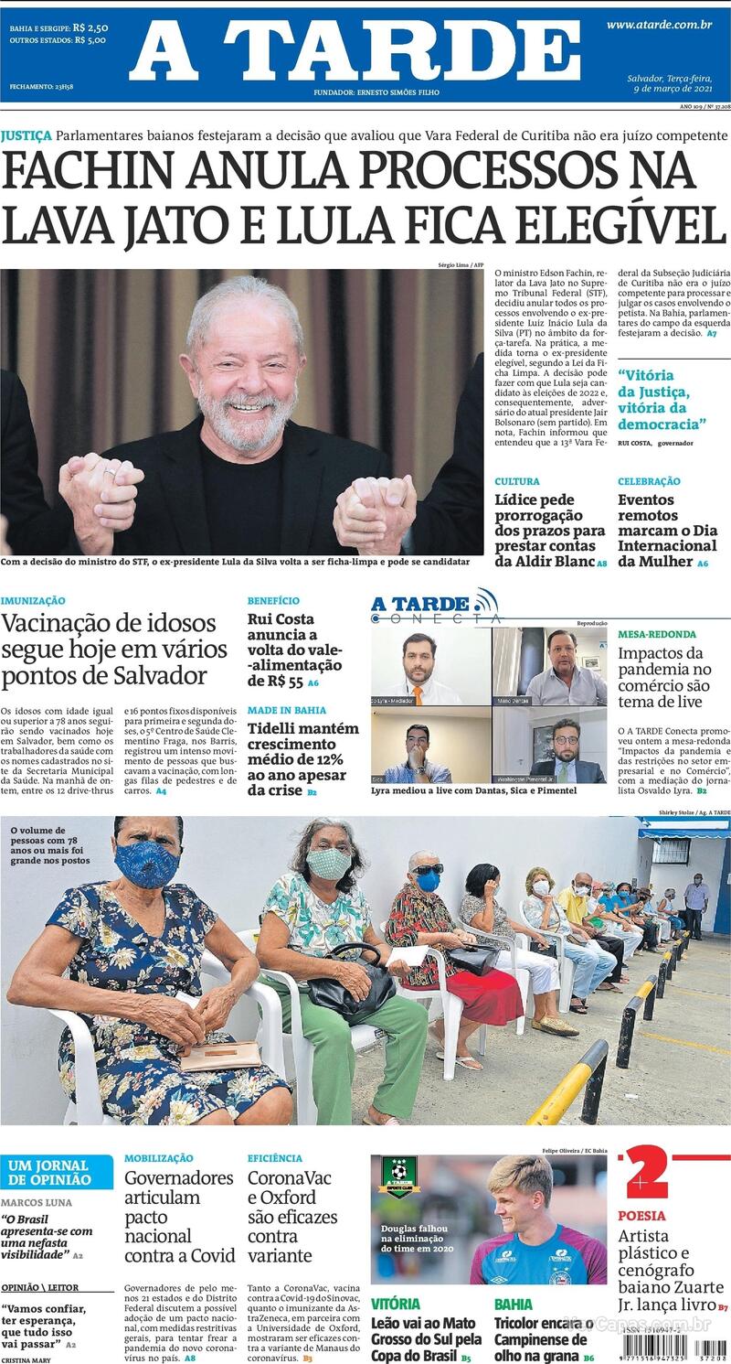 Capa do jornal A Tarde 09/03/2021
