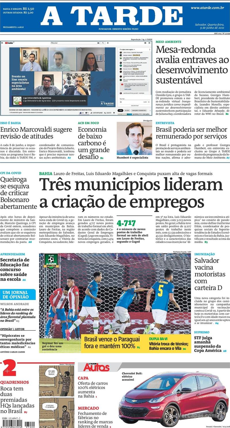 Capa do jornal A Tarde 09/06/2021
