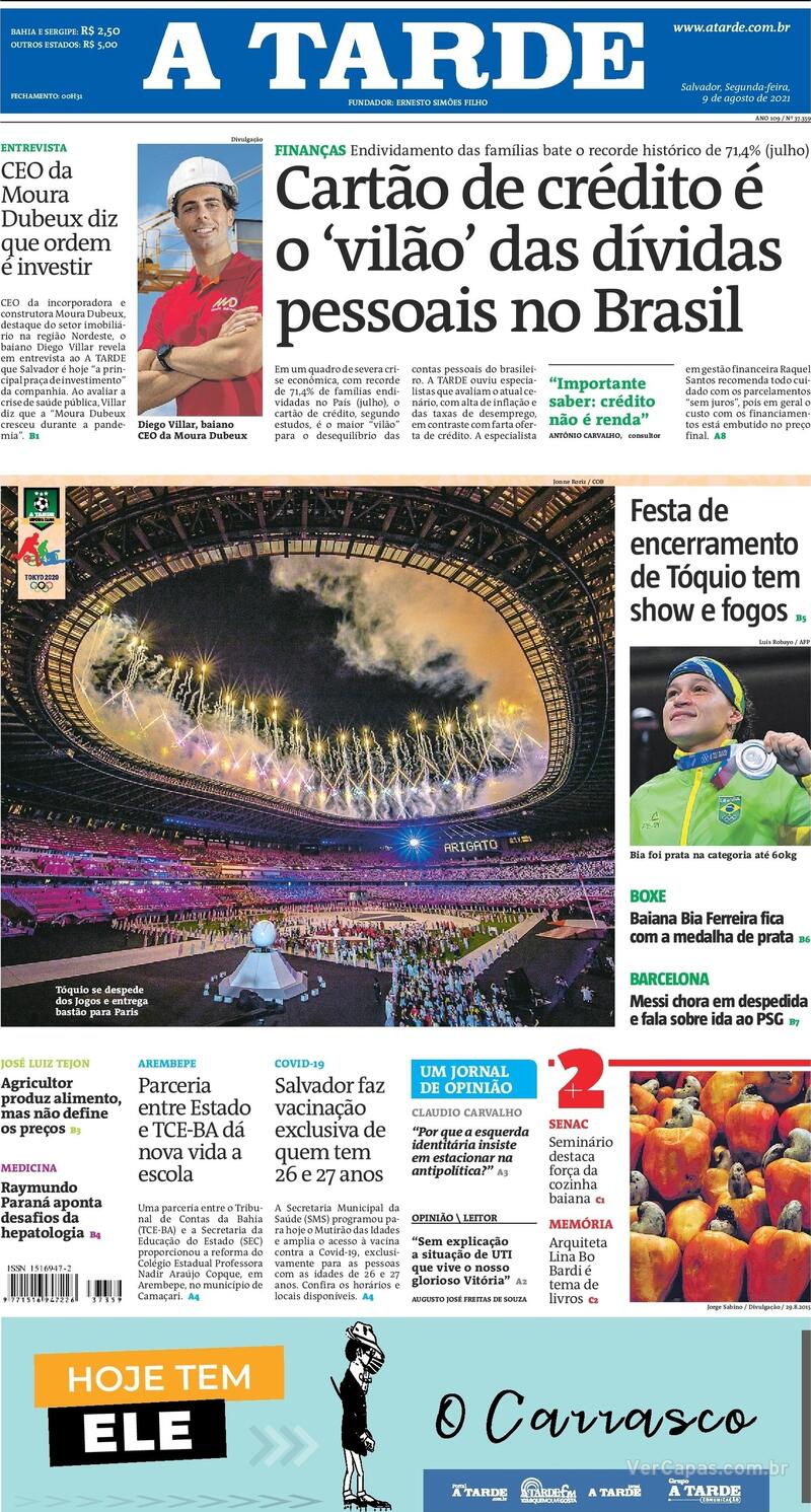 Capa do jornal A Tarde 09/08/2021