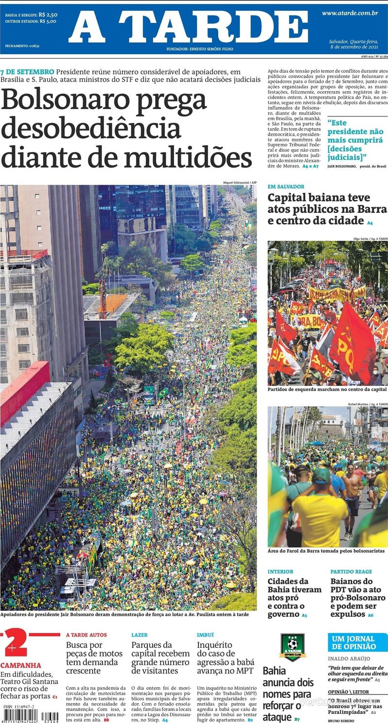Capa do jornal A Tarde 09/09/2021