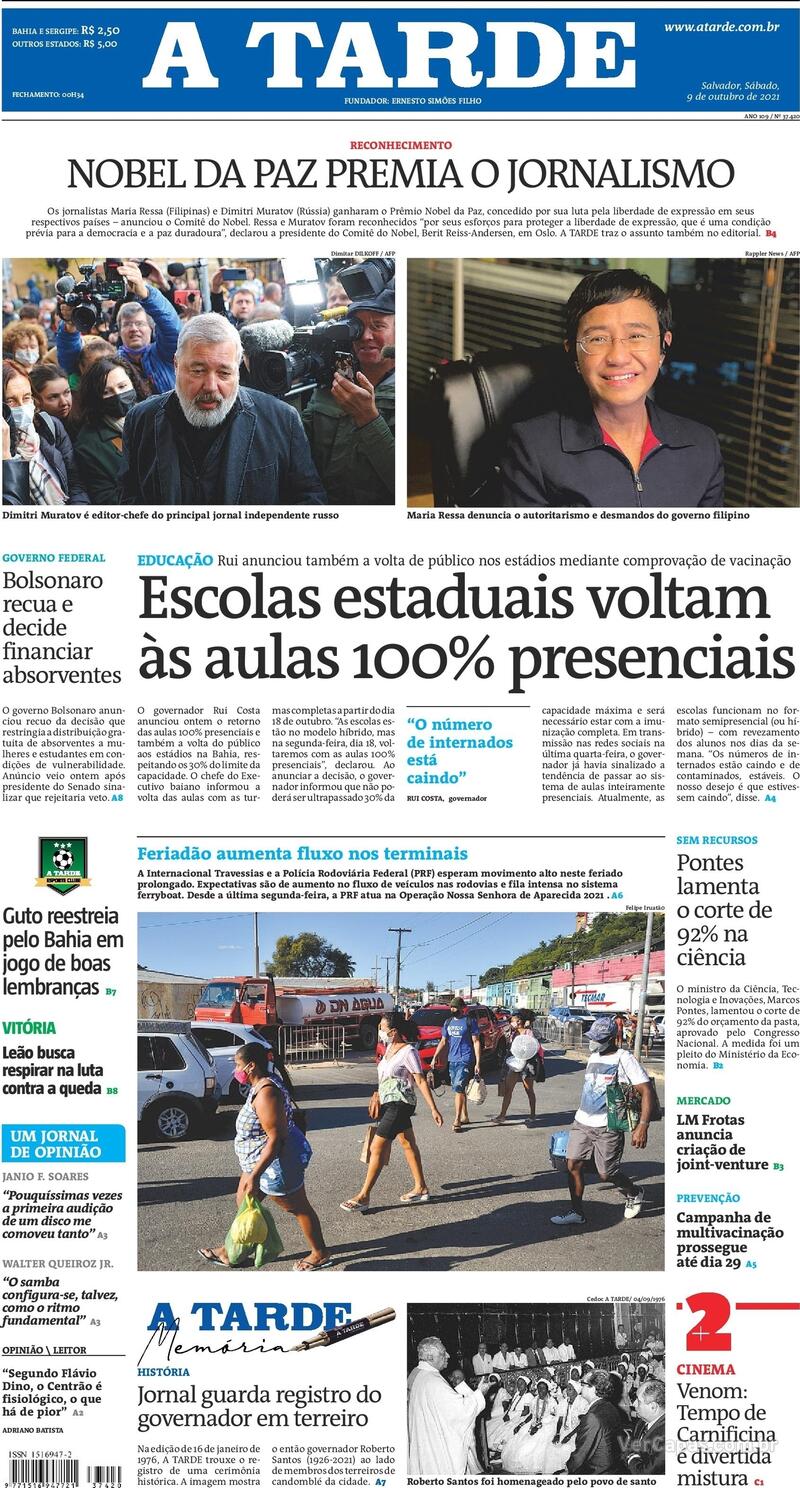 Capa do jornal A Tarde 09/10/2021
