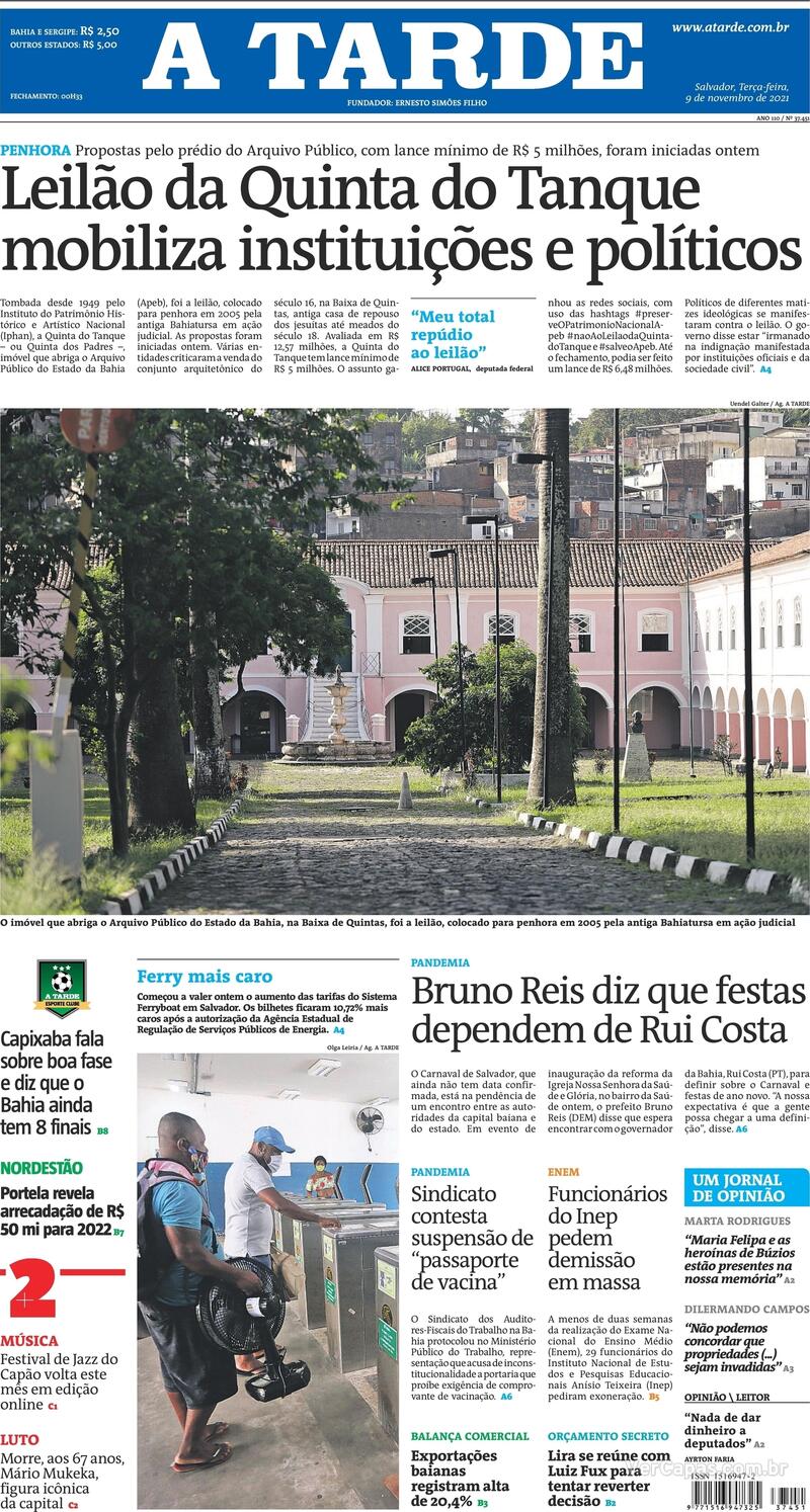 Capa do jornal A Tarde 09/11/2021