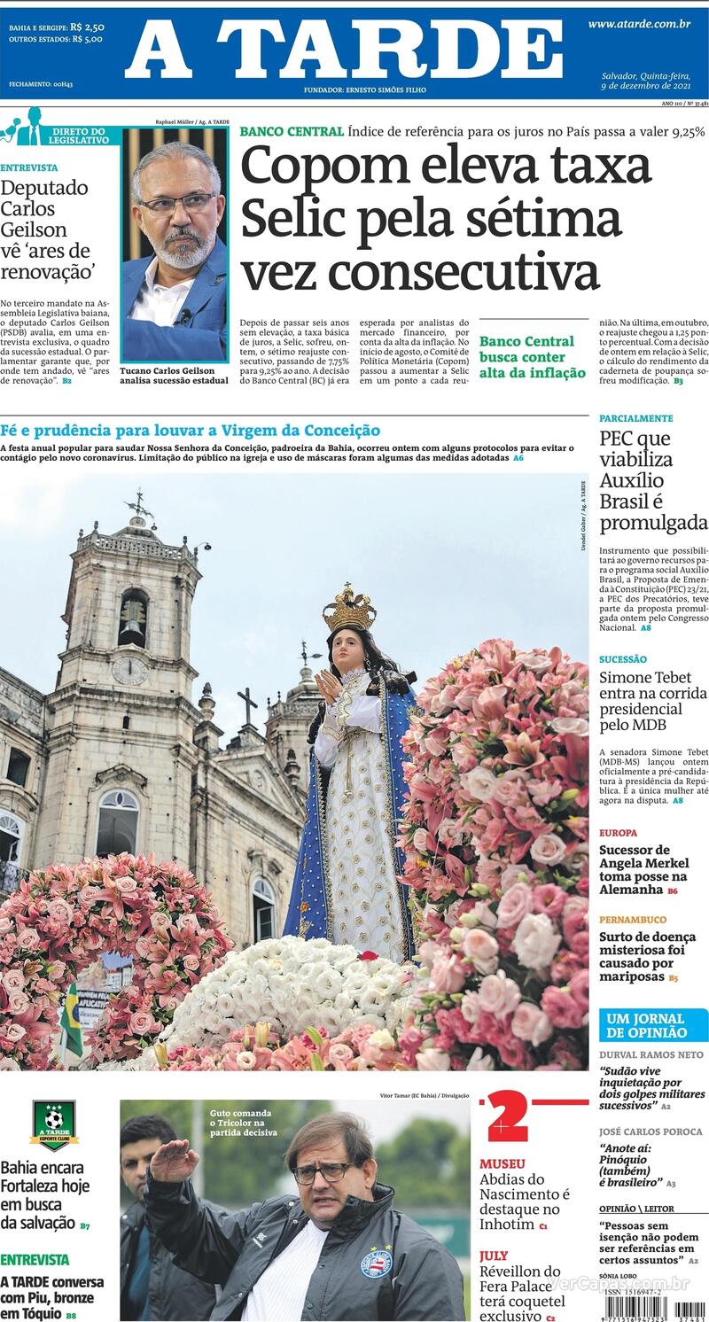 Capa do jornal A Tarde 09/12/2021