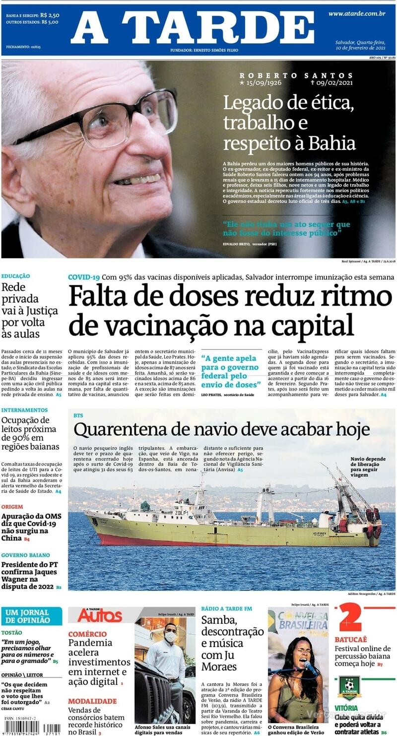 Capa do jornal A Tarde 10/02/2021