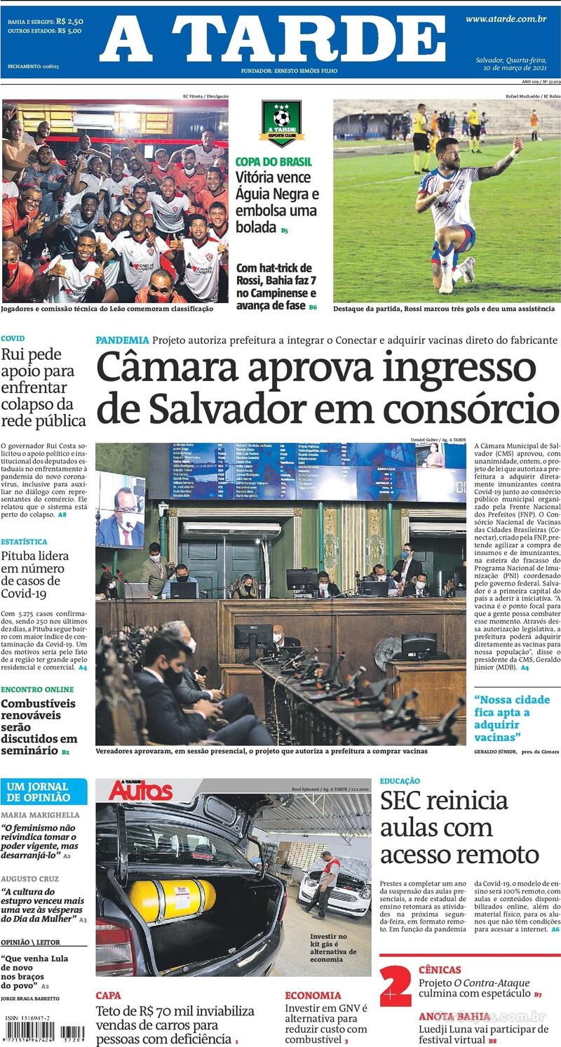 Capa do jornal A Tarde 10/03/2021