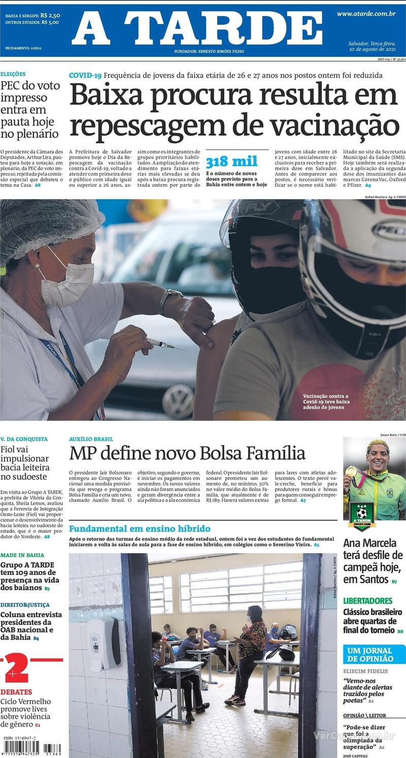 Capa do jornal A Tarde 10/08/2021