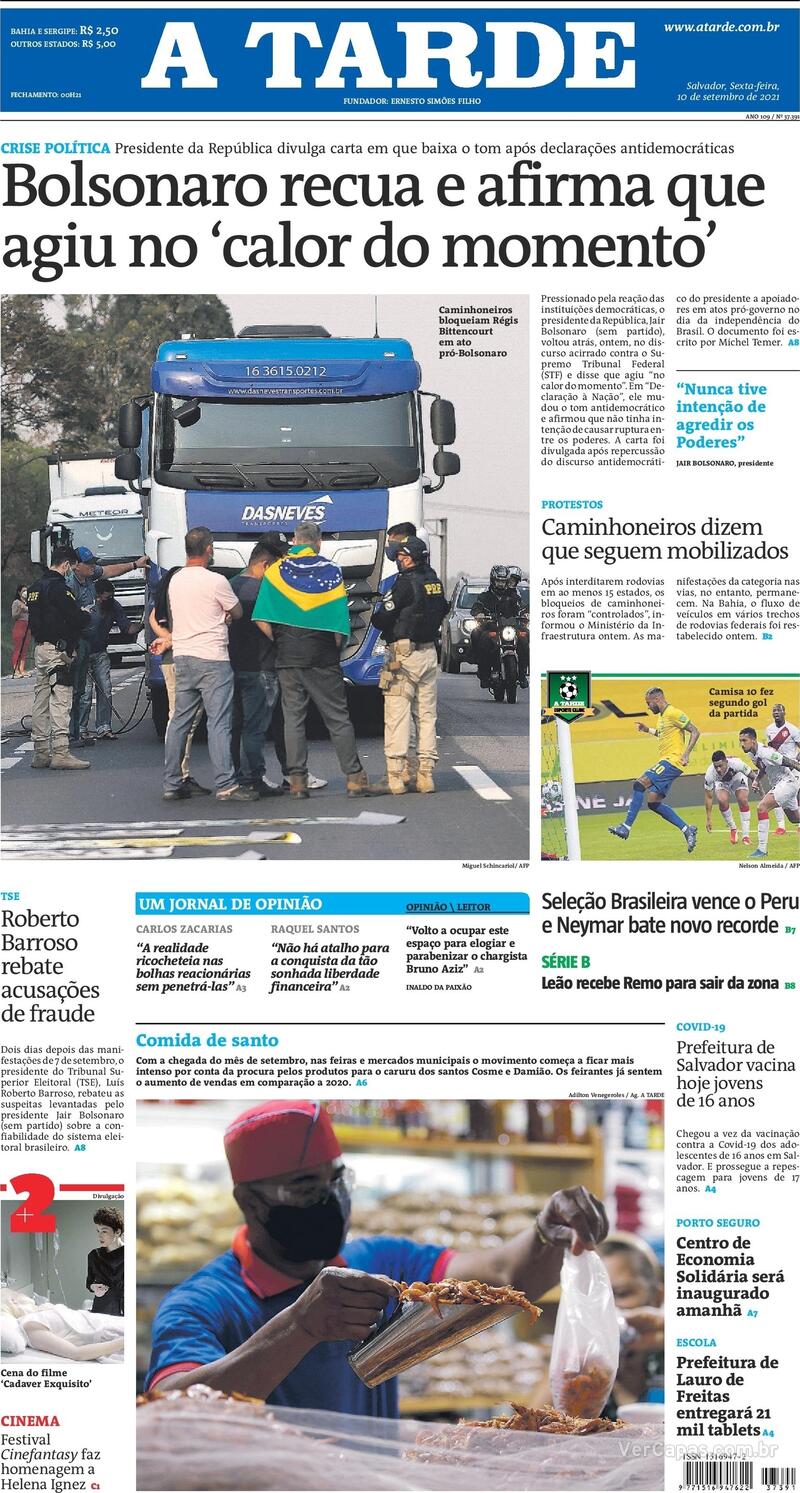 Capa do jornal A Tarde 10/09/2021