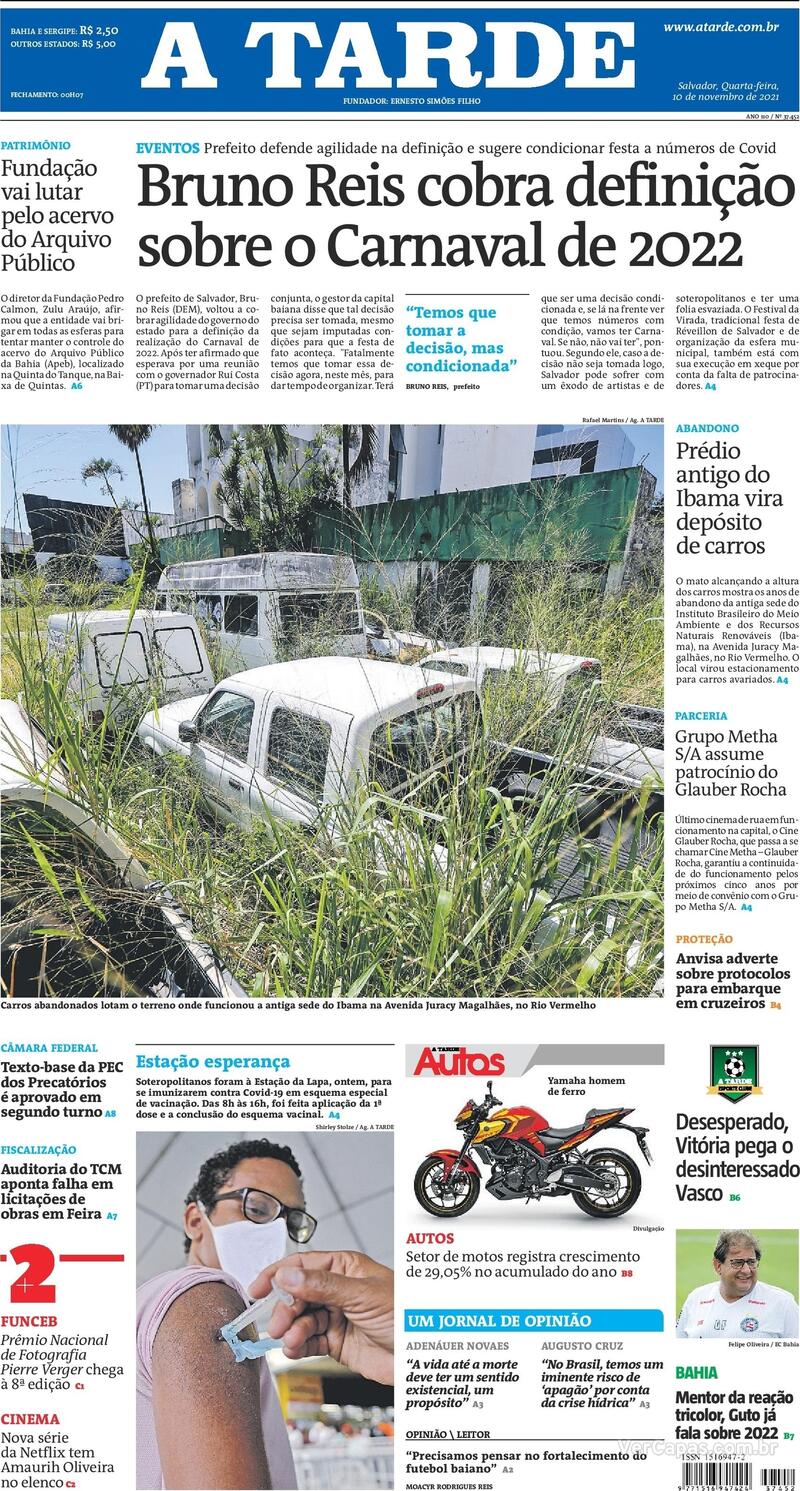 Capa do jornal A Tarde 10/11/2021