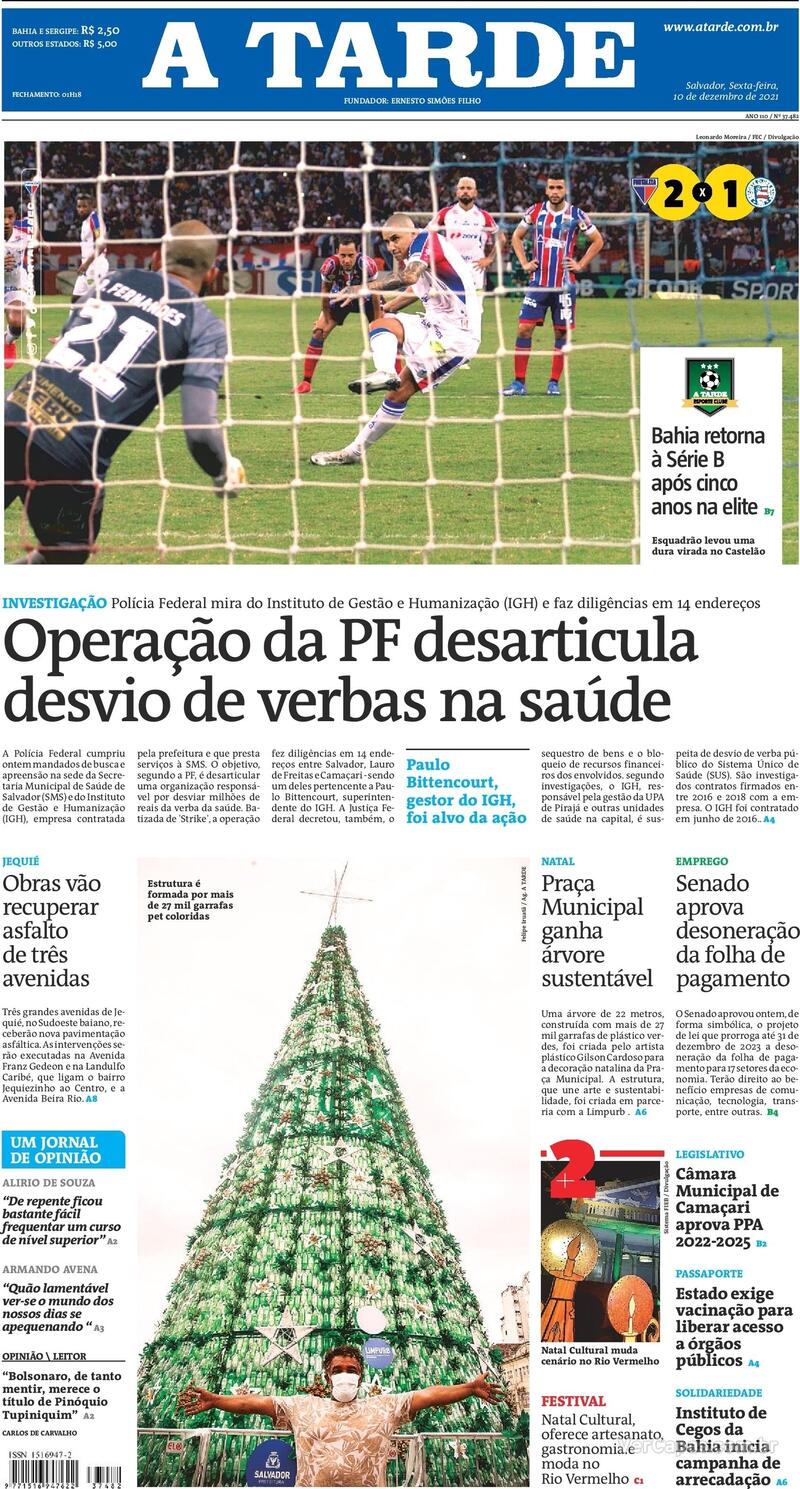 Capa do jornal A Tarde 10/12/2021