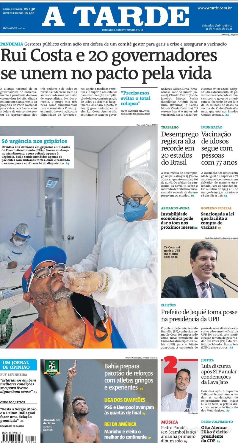 Capa do jornal A Tarde 11/03/2021