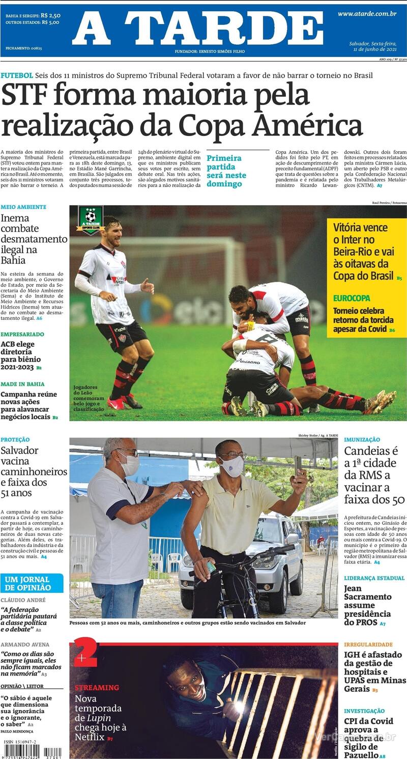 Capa do jornal A Tarde 11/06/2021