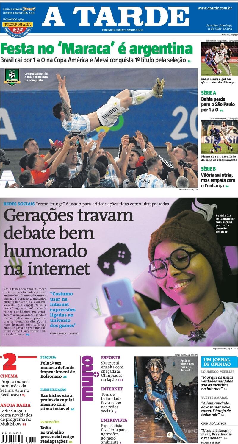 Capa do jornal A Tarde 11/07/2021