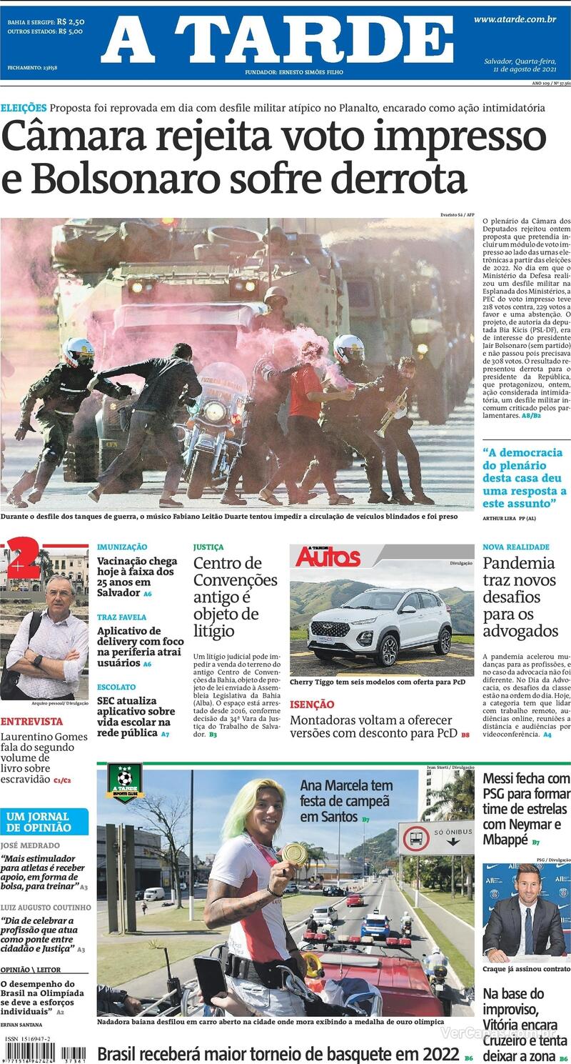 Capa do jornal A Tarde 11/08/2021
