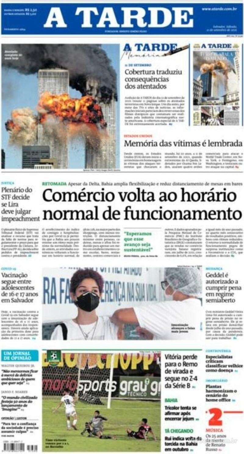 Capa do jornal A Tarde 11/09/2021
