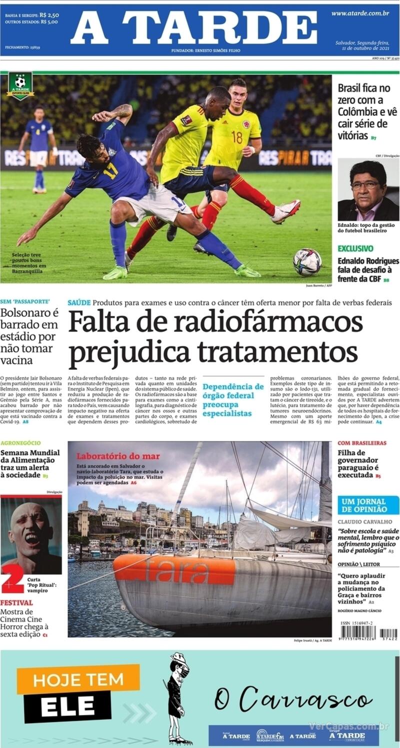 Capa do jornal A Tarde 11/10/2021
