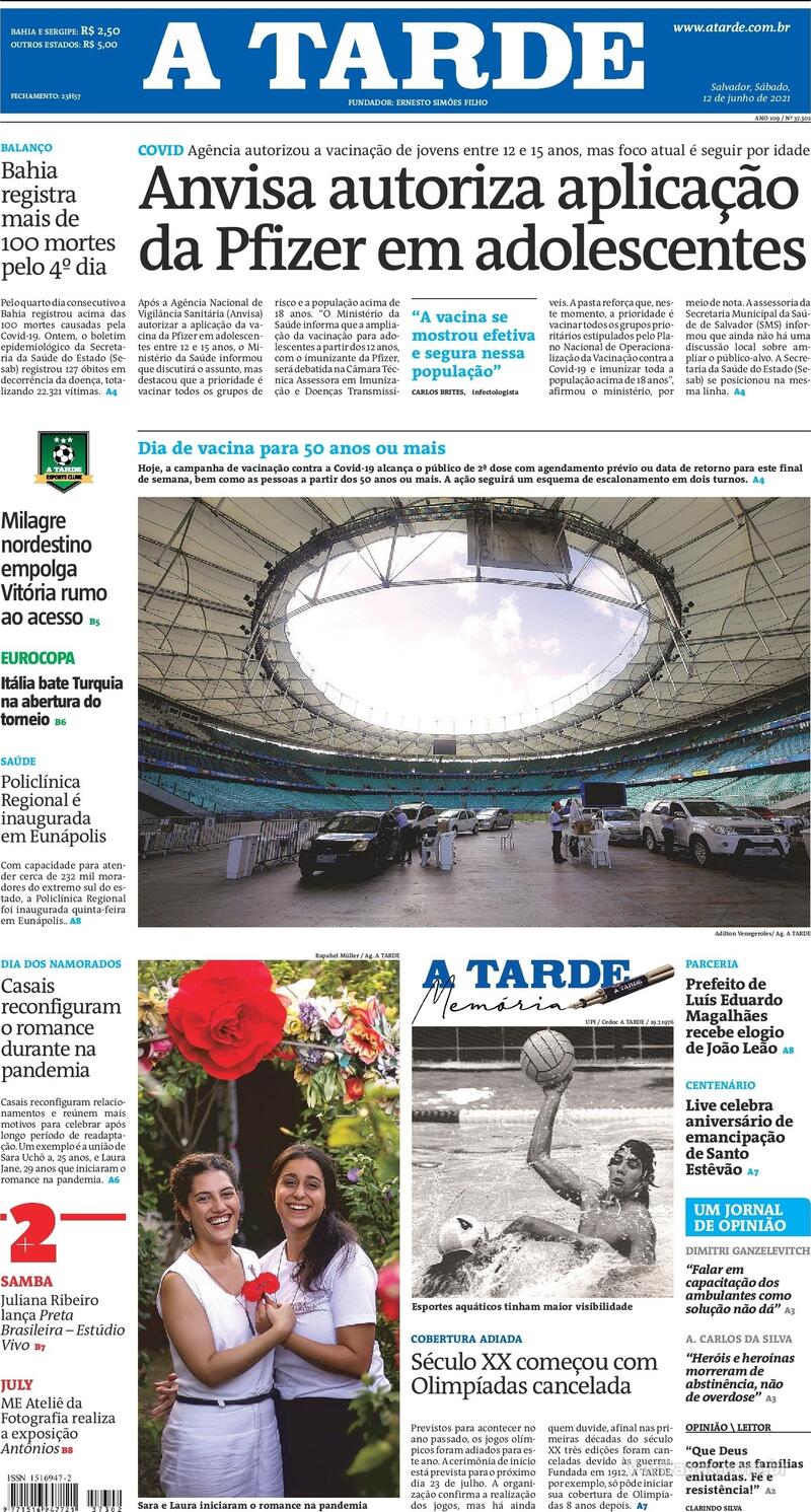Capa do jornal A Tarde 12/06/2021