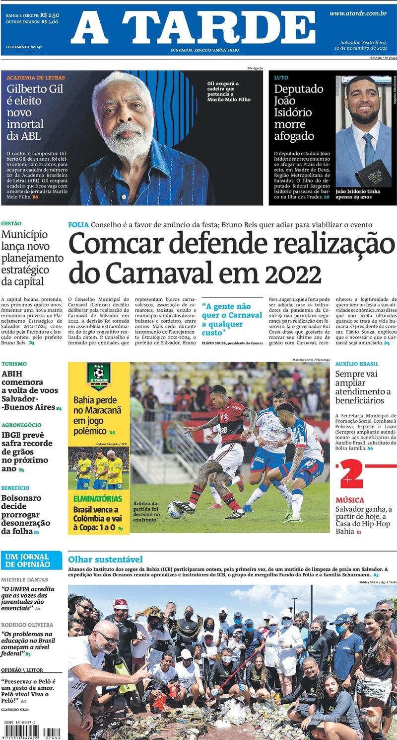 Capa do jornal A Tarde 12/11/2021